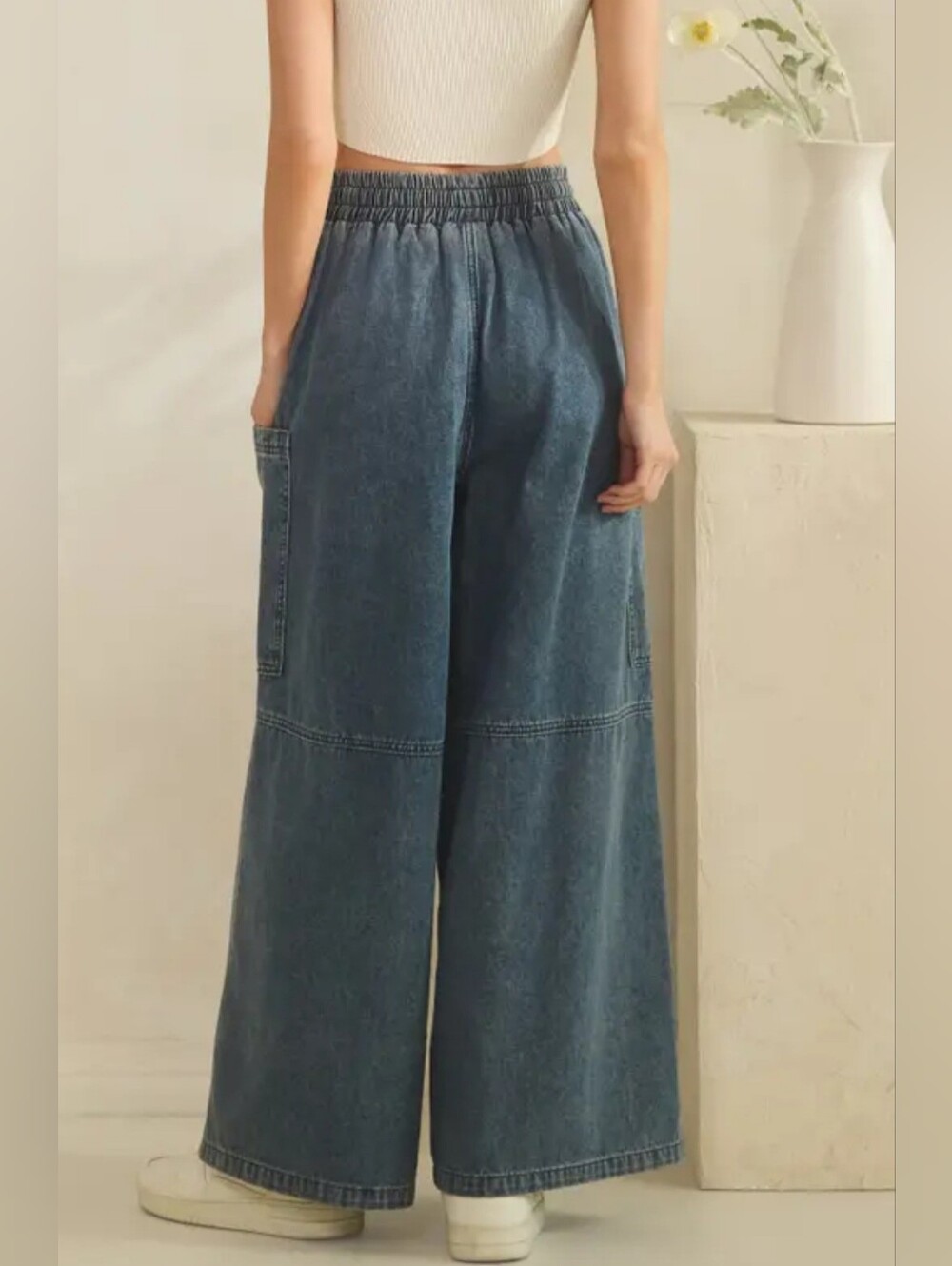 Wide-Leg Drawstring Denim Pants in Washed Blue - Picture 4 of 6